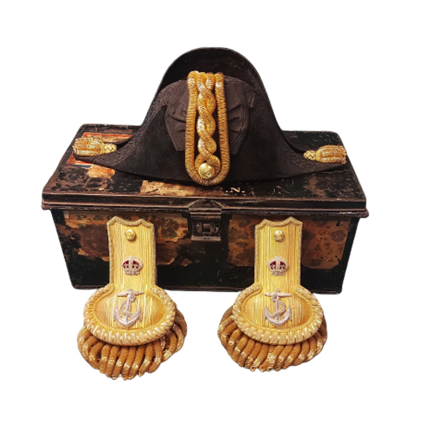 Pre-WW1 British Named And Cased 1904 -1918 RN Royal Navy Officers Epaulette And Bicorn Hat Set