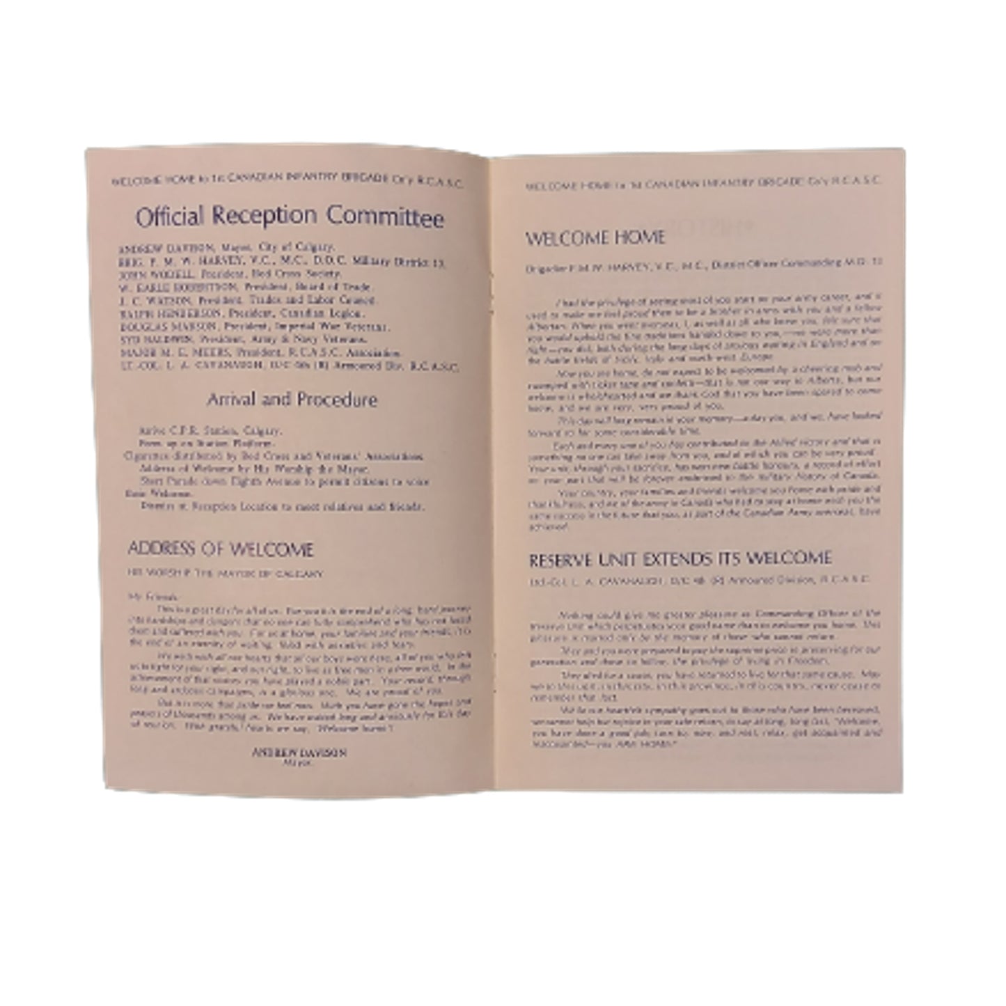 RCASC Royal Canadian Army Service Corps WW2 Welcome Home Pamphlet -Citizens Of Calgary