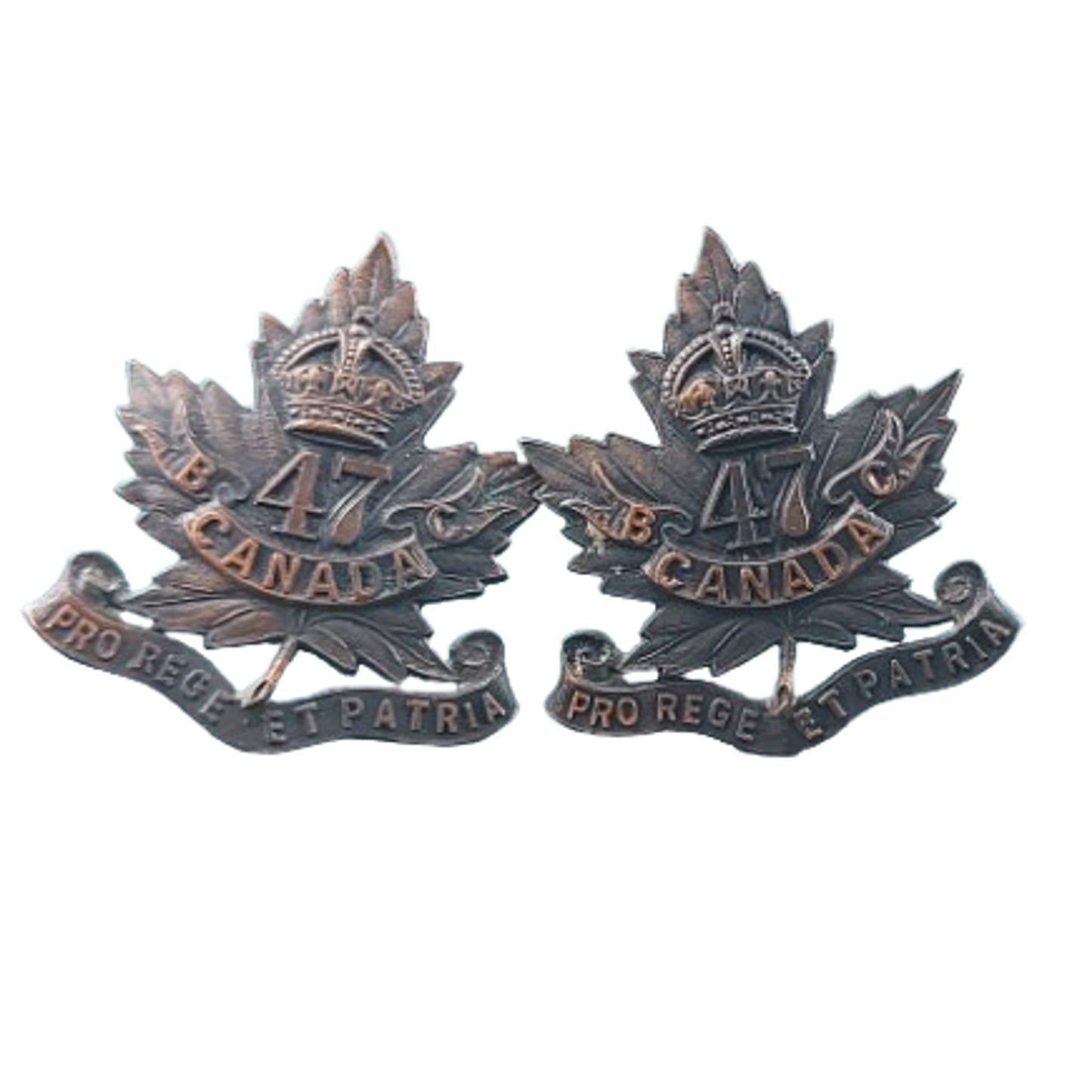 WW1 Canadian CEF 47th Battalion British Columbia Collar Badge Pair