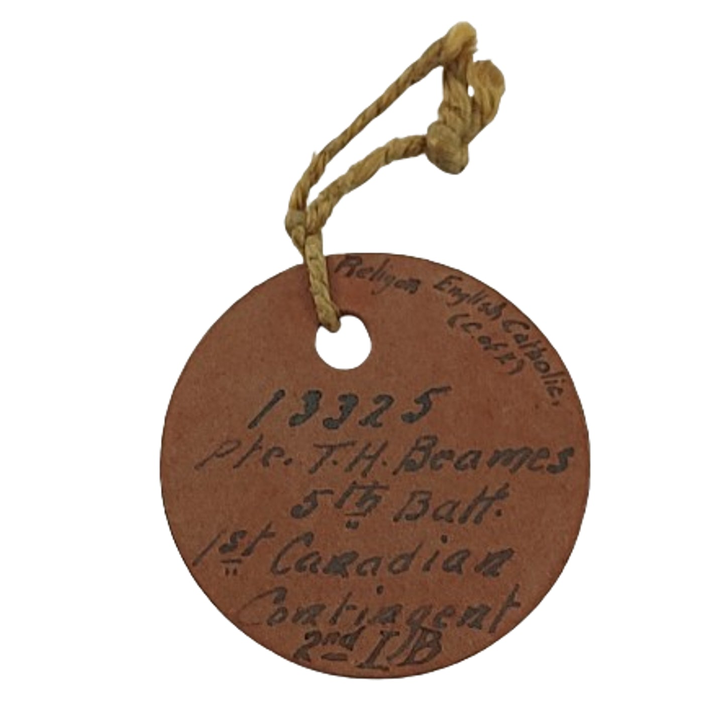 WW1 Canadian Hand Written I.D. Tag -5th Battalion