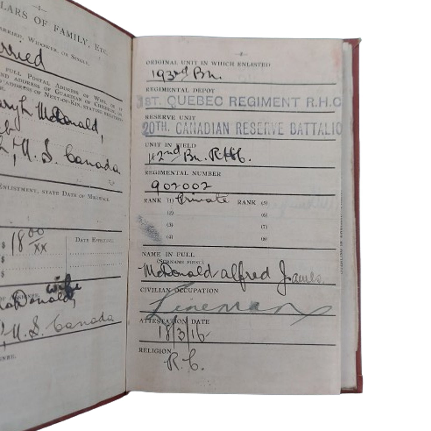 WW1 Canadian CEF Pay Book -193rd Bn. / 42nd Bn.
