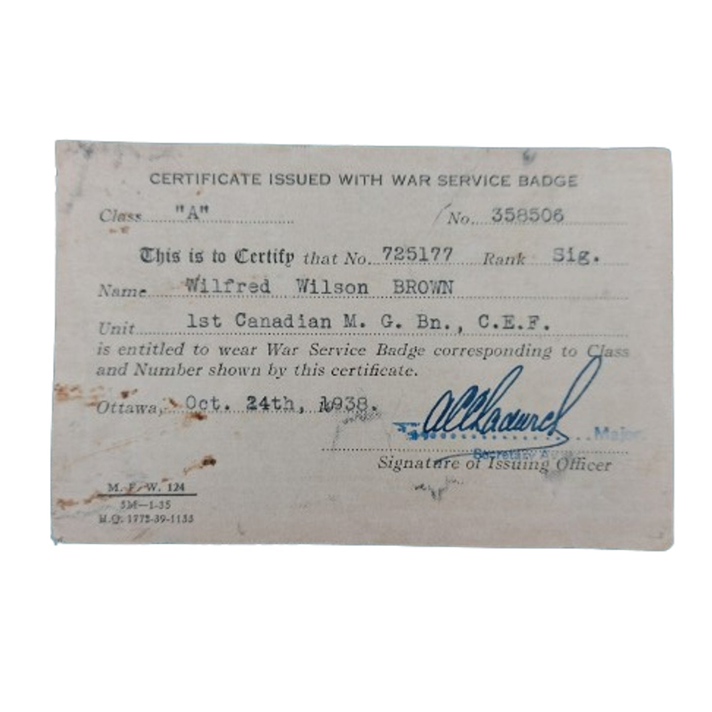 WW1 Canadian Named CEF Uniform Grouping - Pte. W.W. Brown 2nd.Co. 1st CMGB Canadian Machine Gun Battalion