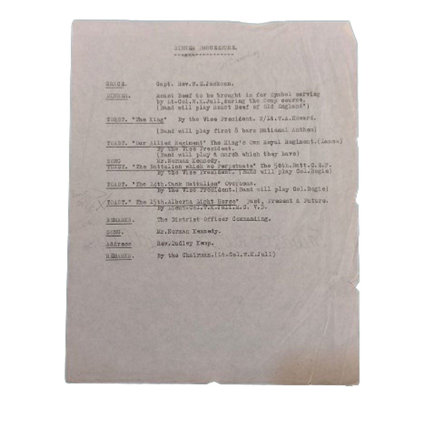 WW2 The Calgary Regiment 1st Reunion Dinner Menu, Officer's Seating, And Procession Sheets