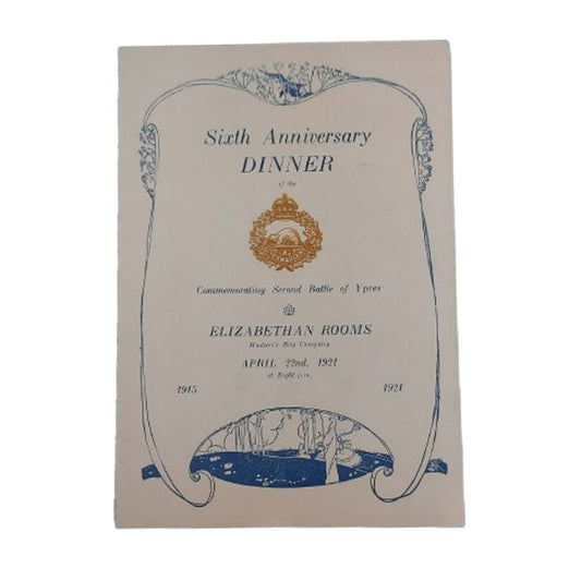 Pre-WW2 10th Battalion Calgary Alberta 1921 Dinner Menu