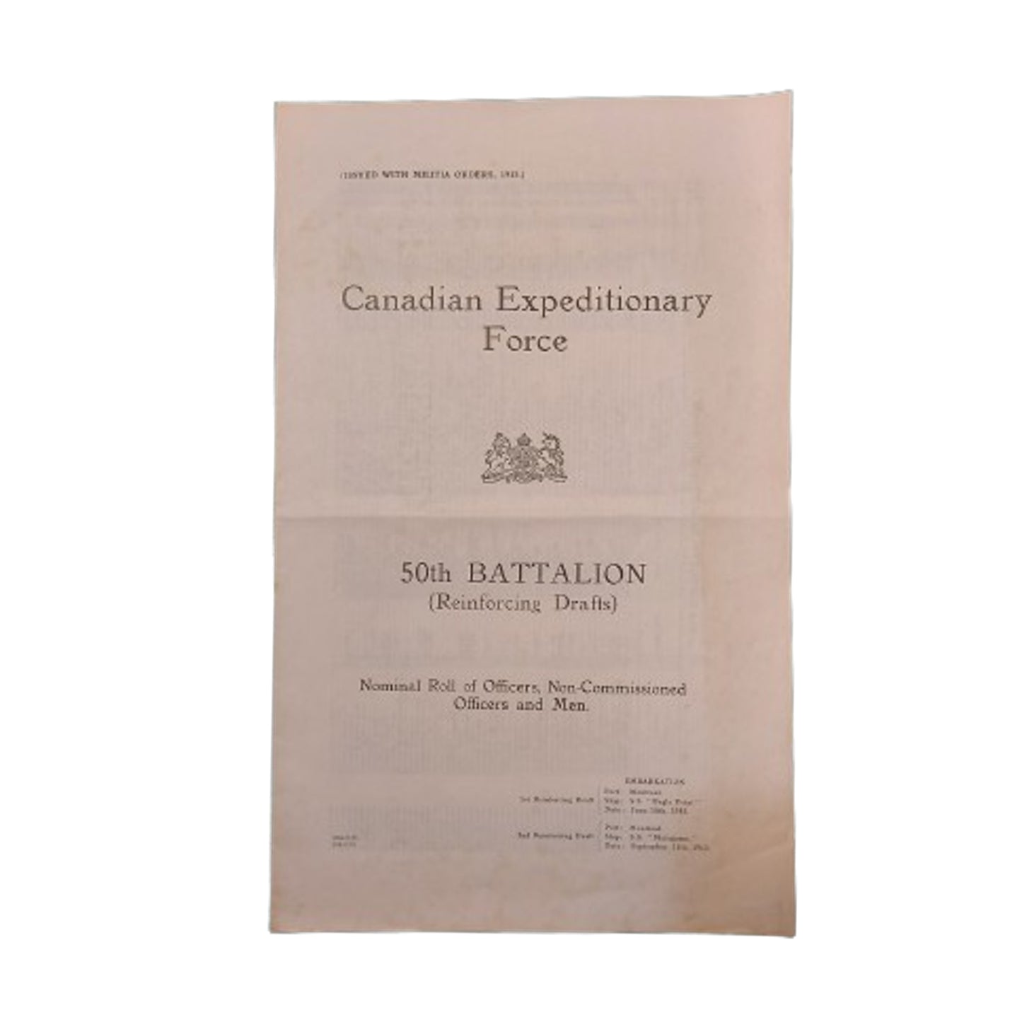 WW1 CEF 50th Battalion Reinforcing Drafts Nominal Roll 1915 -Calgary Alberta