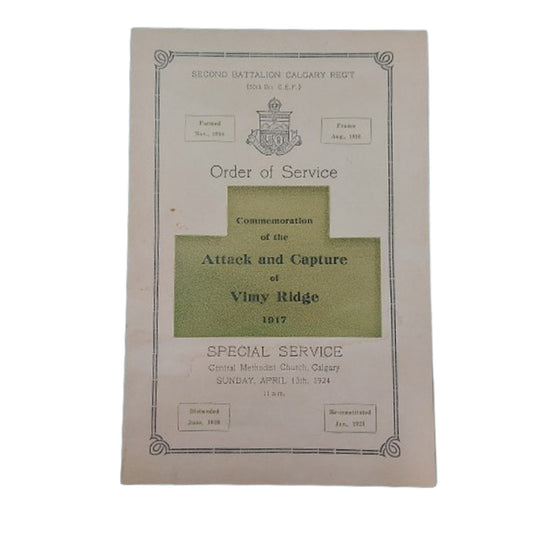 Pre-WW2 50th Battalion Calgary Alberta Special Service Program-Commemoration Of The Attack And Capture At Vimy Ridge 1917