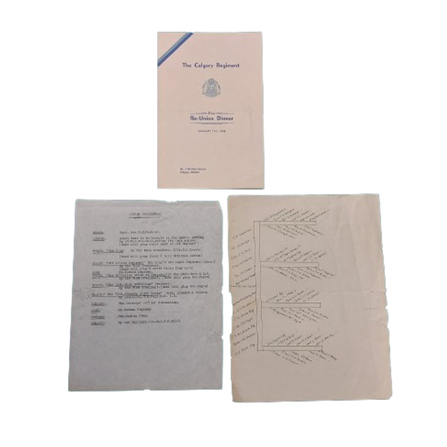 1946 The Calgary Regiment 1st Reunion Dinner Menu, Officer's Seating, And Procession Sheets