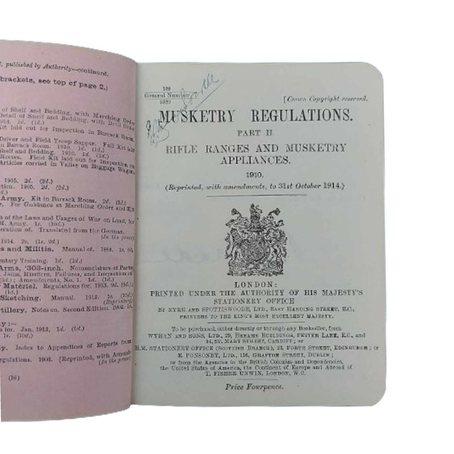 Pre-WW1 Canadian Named And Regiment Marked Musketry Regulation 1910 Manual -Calgary Alberta