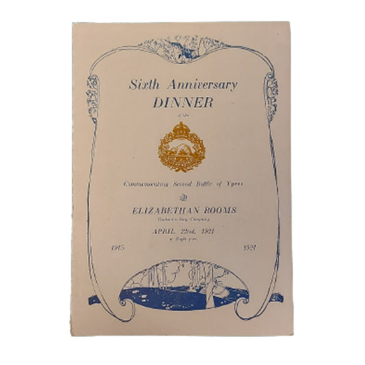 Pre-WW2 1921 10th Battalion Sixth Anniversary Dinner Menu -2nd Battle Of Ypres