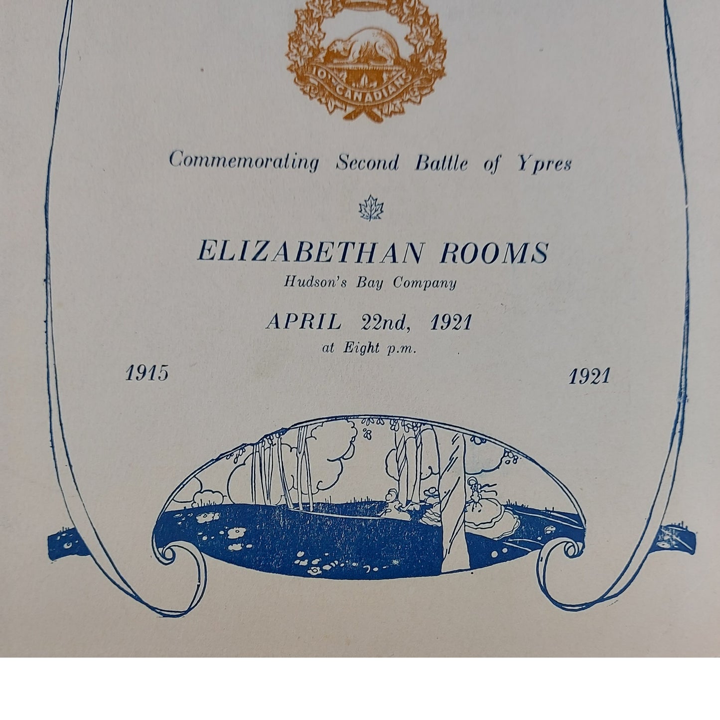 Pre-WW2 1921 10th Battalion Sixth Anniversary Dinner Menu -2nd Battle Of Ypres