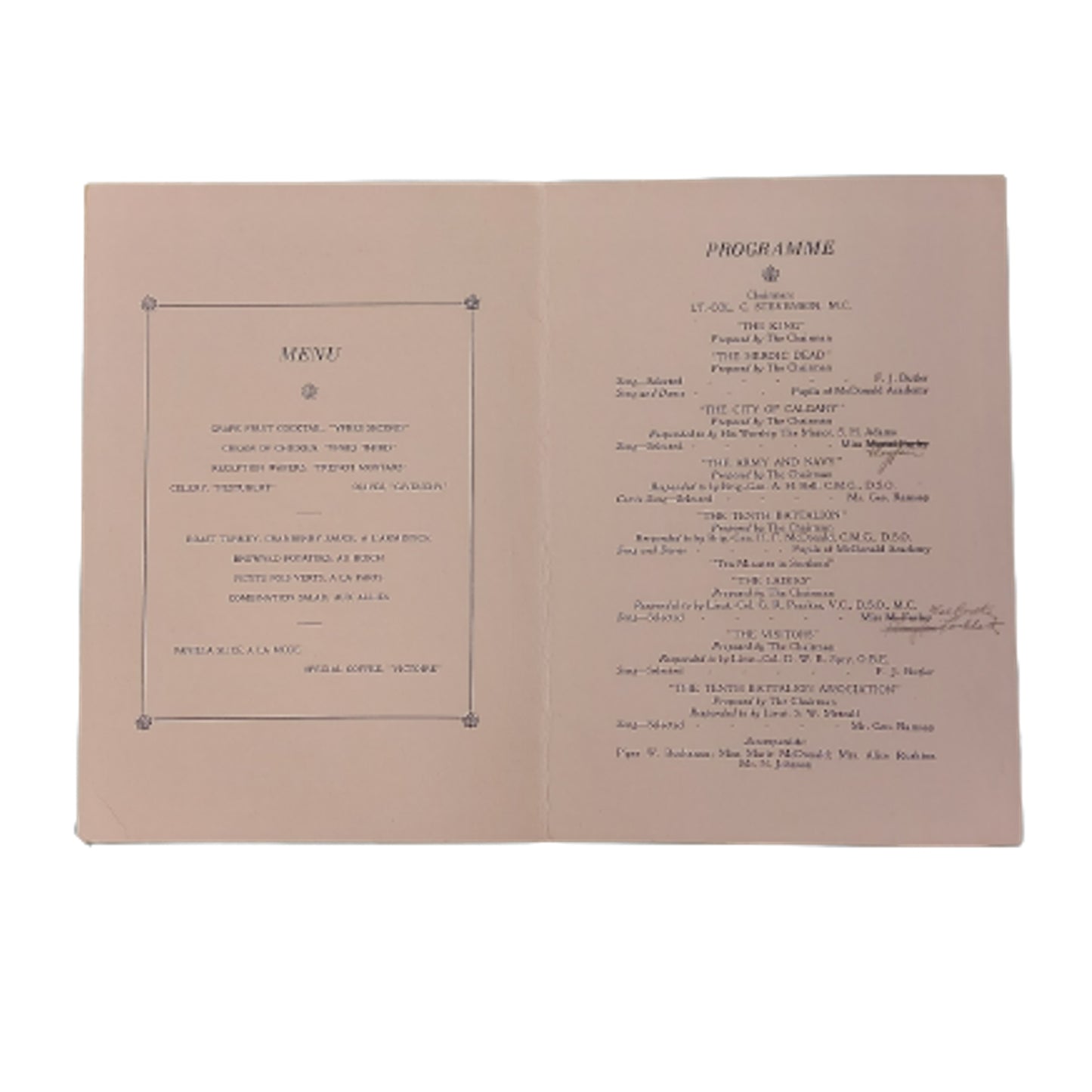 Pre-WW2 1921 10th Battalion Sixth Anniversary Dinner Menu -2nd Battle Of Ypres