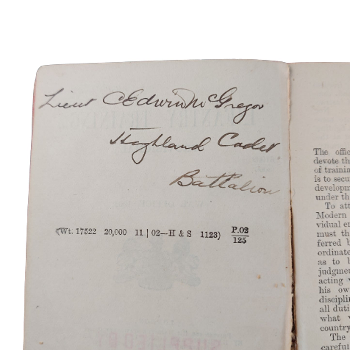 Pre-WW1 British 1902 Infantry Training Manual -Highland Cadet Battalion Named