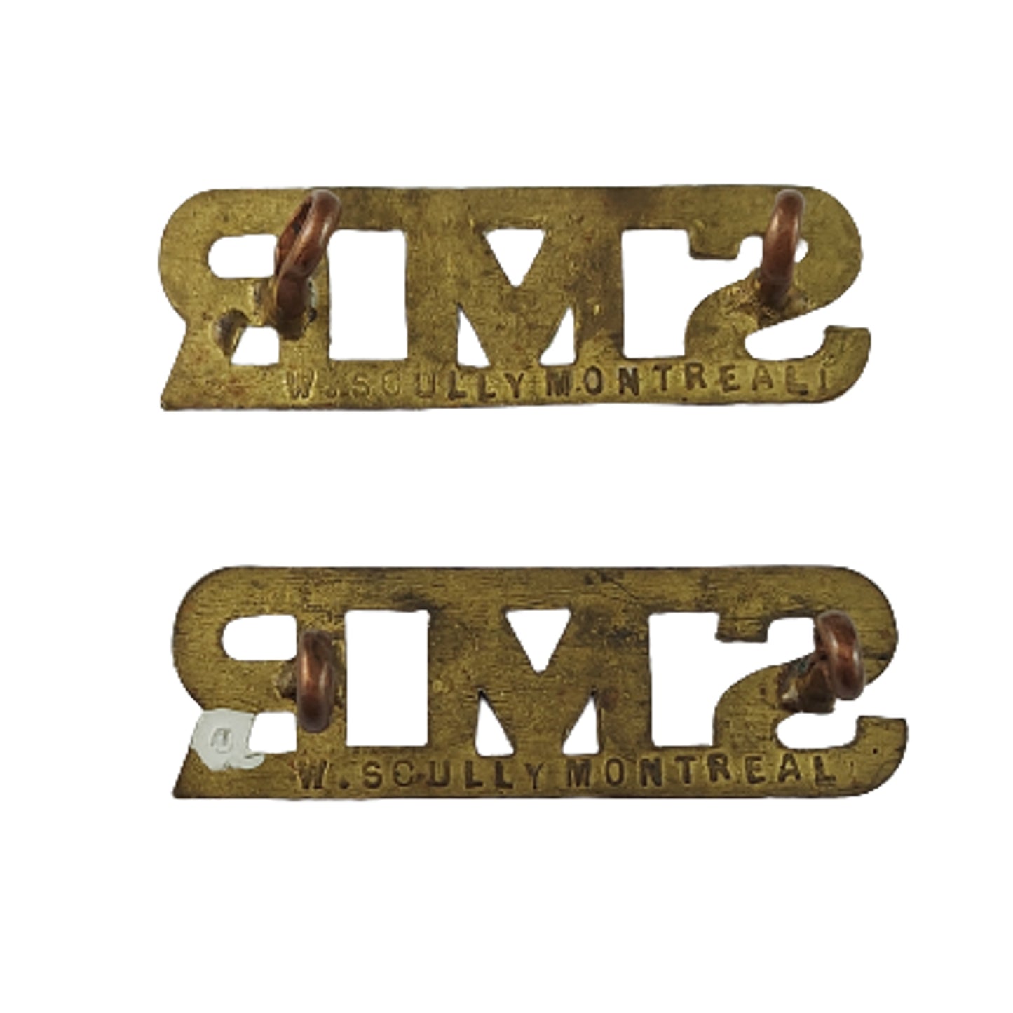 WW1 SMR Saskatchewan Mounted Rifles Brass Shoulder Title Pair -Scully Montreal