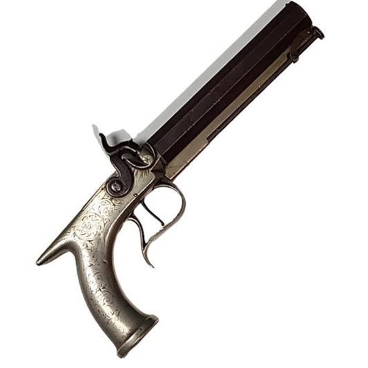 Pre-WW1 Antique British Manton Patent Engraved Silver Stocked Saw Handle Percussion Pistol