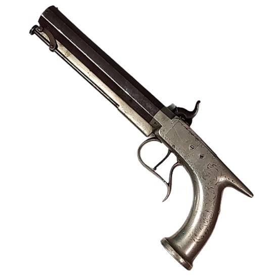 Pre-WW1 Antique British Manton Patent Engraved Silver Stocked Saw Handle Percussion Pistol