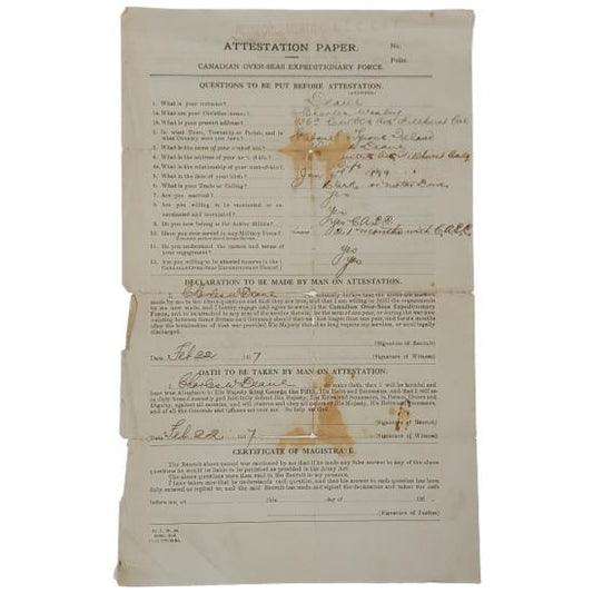 WW1 Calgary Canadian Army Service Corps Reinforcements Attestation Paper