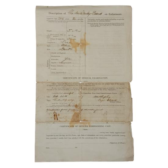 WW1 Calgary Canadian Army Service Corps Reinforcements Attestation Paper