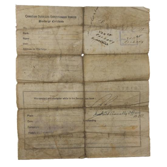 WW1 Canadian CEF Discharge Certificate - 10th Battalion Calgary, Alberta
