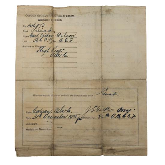 WW1 Canadian CEF Discharge Certificate - 56th Battalion, Calgary Alberta