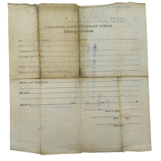 WW1 Canadian CEF Discharge Certificate 13th Canadian Army Service Corps