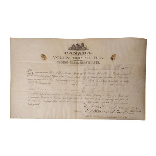 1872 Canadian Training Certificate - Grand Trunk Railway Battalion