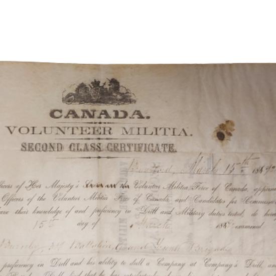 1872 Canadian Training Certificate - Grand Trunk Railway Battalion