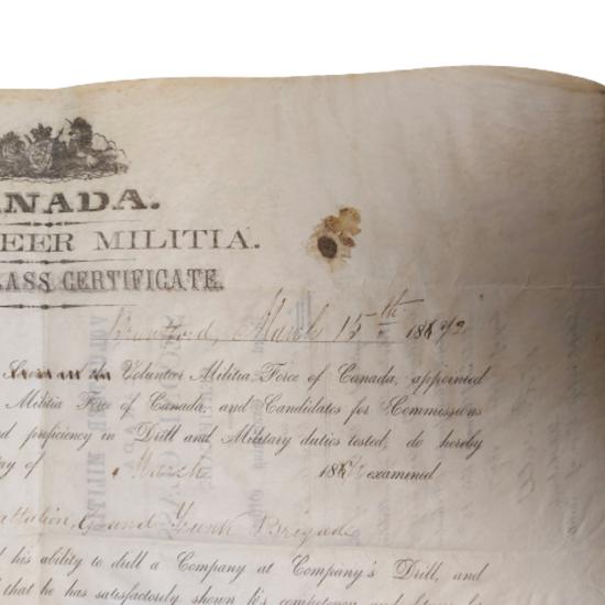 1872 Canadian Training Certificate - Grand Trunk Railway Battalion