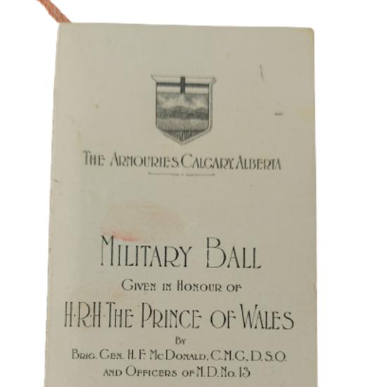 WW1 Calgary Armouries Prince Of Wales Dance Card - M.L.Bell