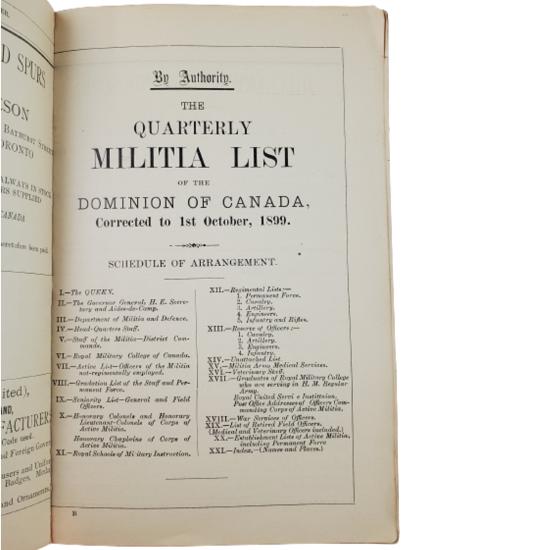 Dominion Of Canada Quarterly Militia List October 1st 1899