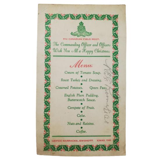 WW2 RCA 5th Canadian Field Regiment Christmas Card And Menu 1940