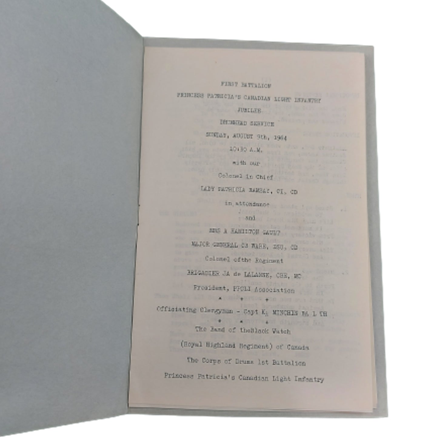 Post-WW2 Canadian 1964 PPCLI Drumhead Service Jubilee Of The Regiment Program