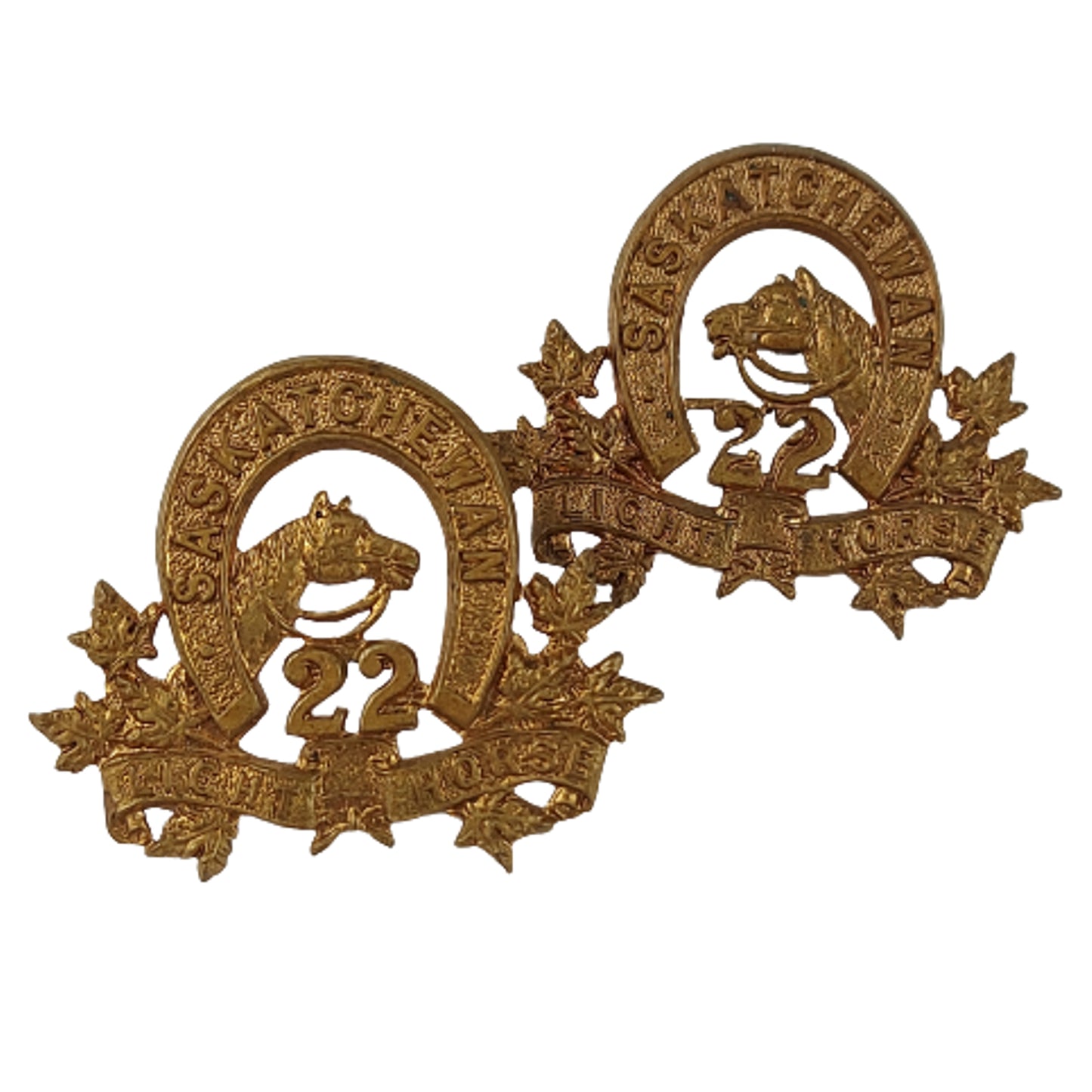 Pre-WW1 Canadian 22nd Saskatchewan Light Horse Collar Badge Pair - Scully Montreal