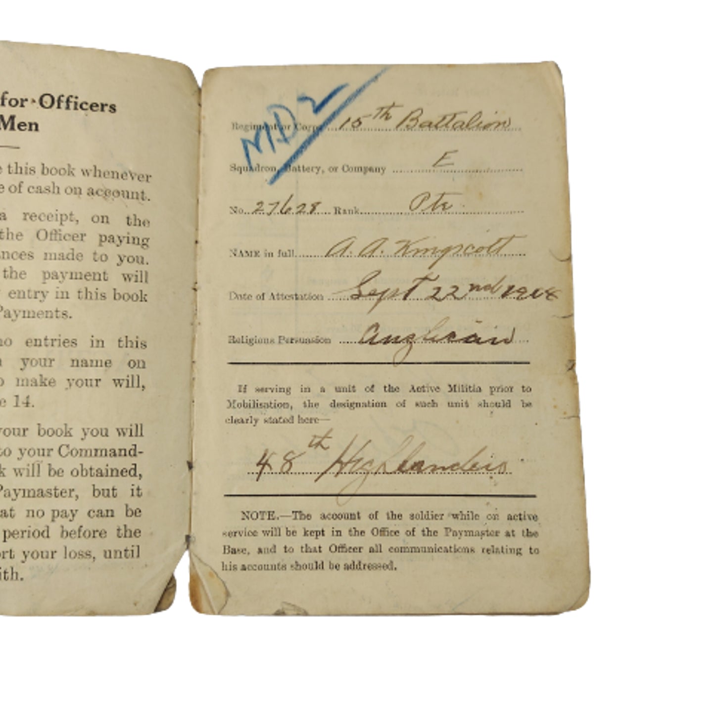 WW1 Canadian Pay Book For Active Service 15th Battalion 48th Highlanders