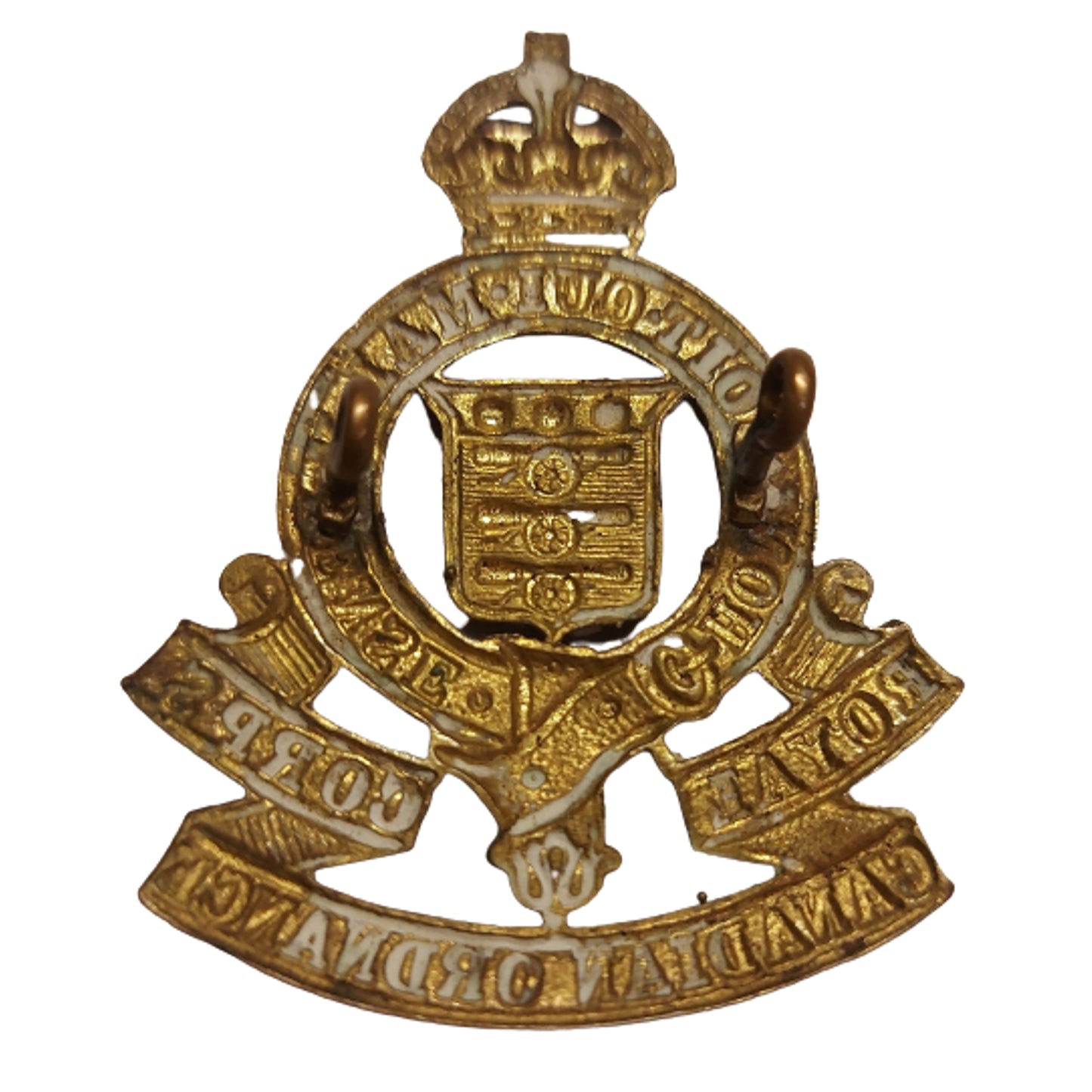WW2 RCOC Royal Canadian Ordnance Corps Cap Badge With Canvas Backing.