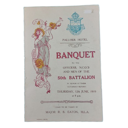 50th Battalion 1919 Return From WW1 Banquet Menu