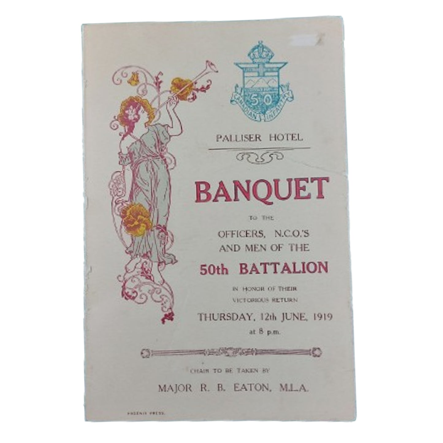 50th Battalion 1919 Return From WW1 Banquet Menu
