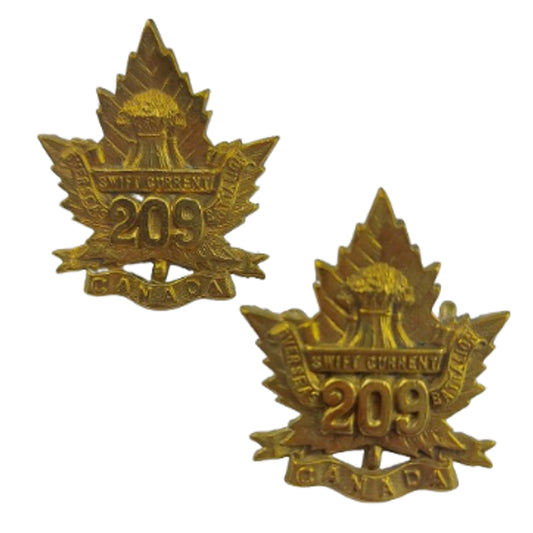 WW1 Canadian 209th Battalion Collar Badge Pair -Swift Current Saskatchewan