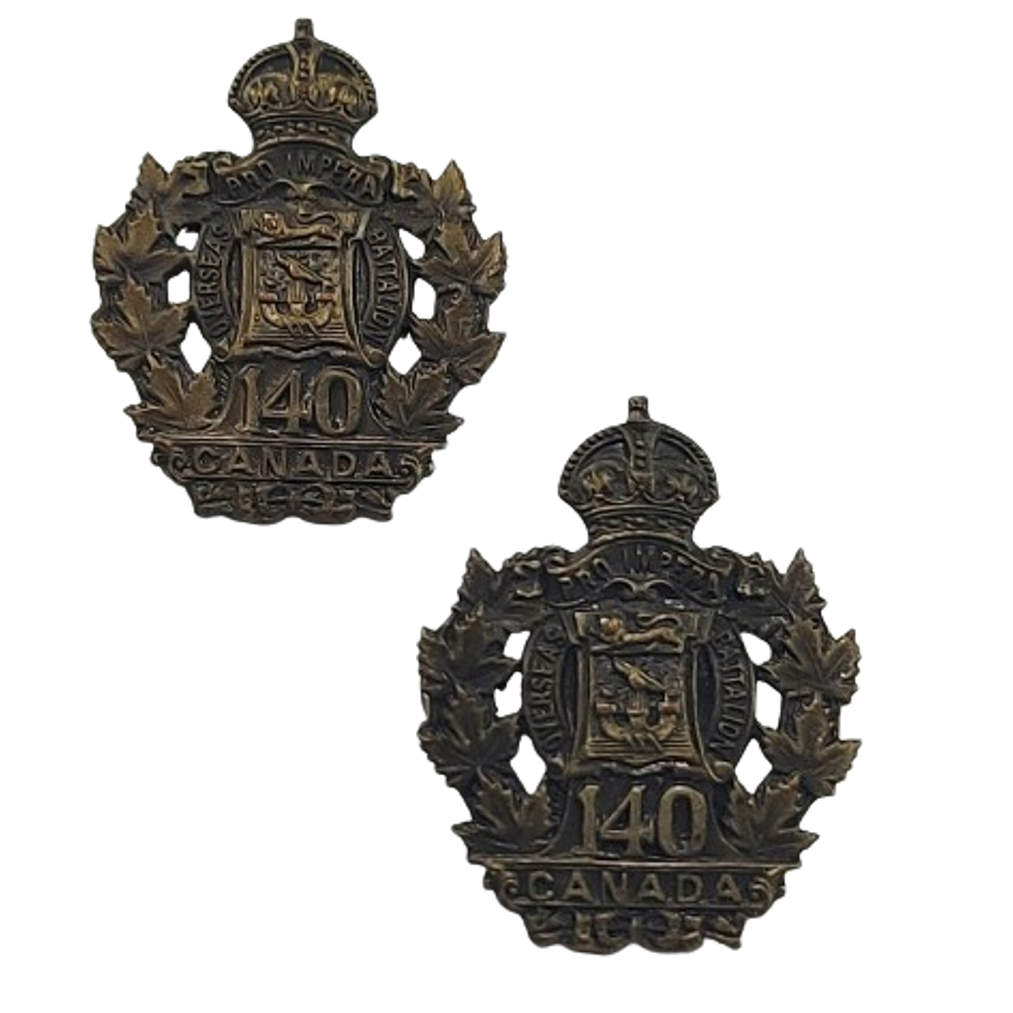 WW1 Canadian 140th Battalion Collar Badge Pair -St. John New Brunswick