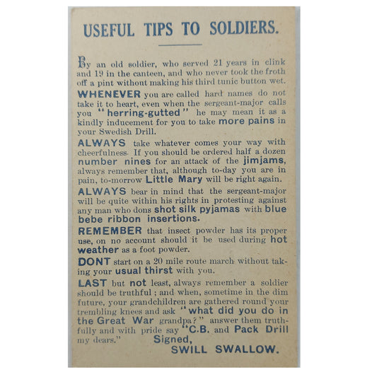 WW1 Useful Tips To Soldiers Post Card