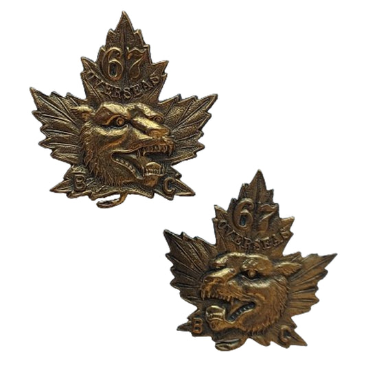 WW1 Canadian 67th Battalion Collar Badge Pair -B.C. Highlanders