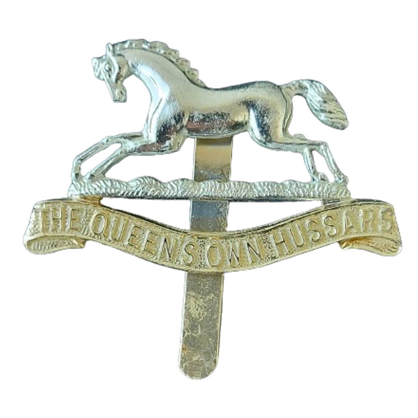 WW2 British Queens Own Hussars Staybright Cap Badge