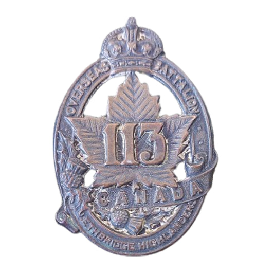 WW1 Canadian 113th Battalion Cap Badge - Lethbridge Highlanders - D.E. Black