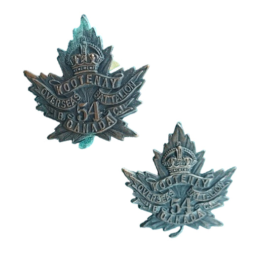WW1 Canadian 54th Battalion Collar Badge Pair -Kootenay B.C.