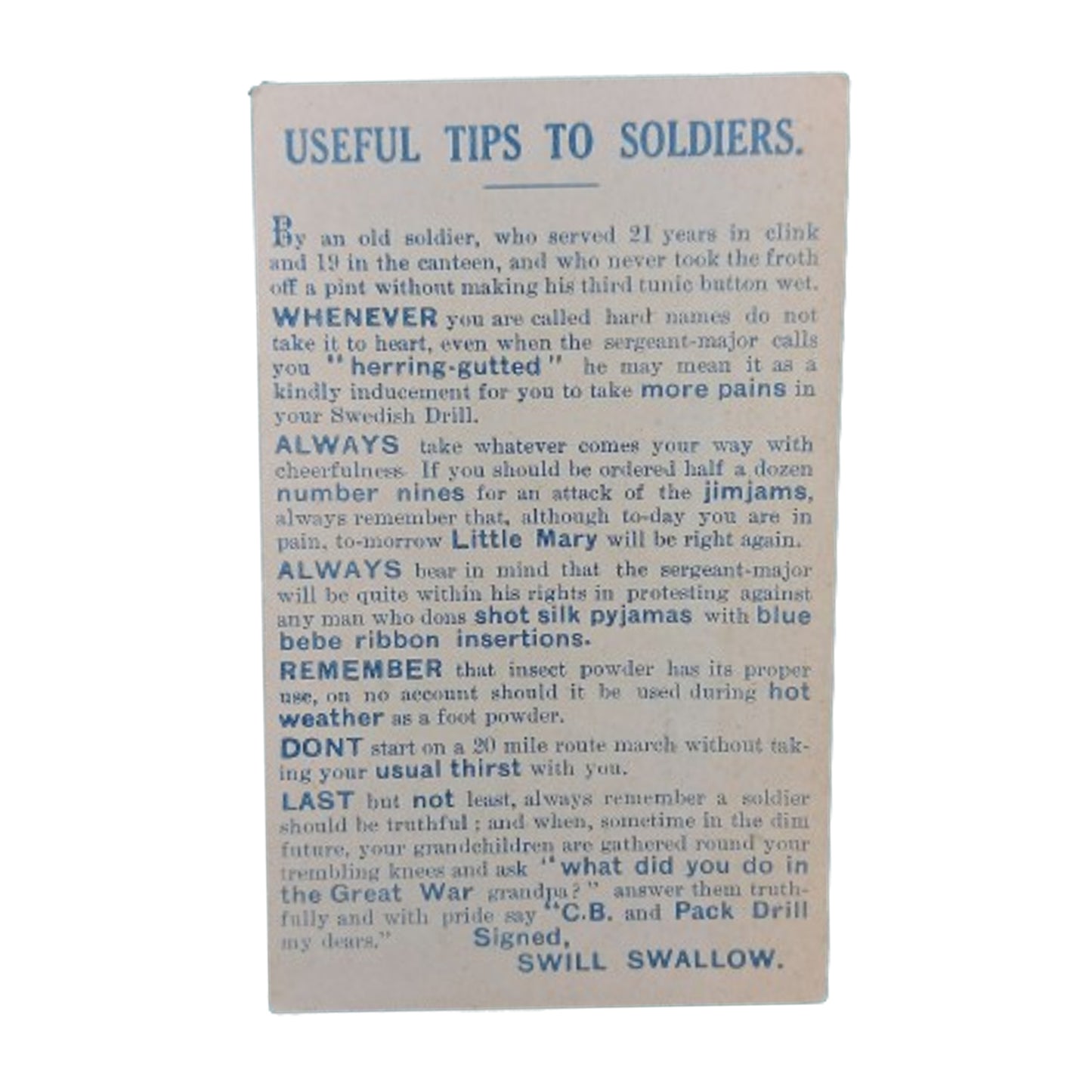 WW1 British Useful Tips To Soldier Post Card