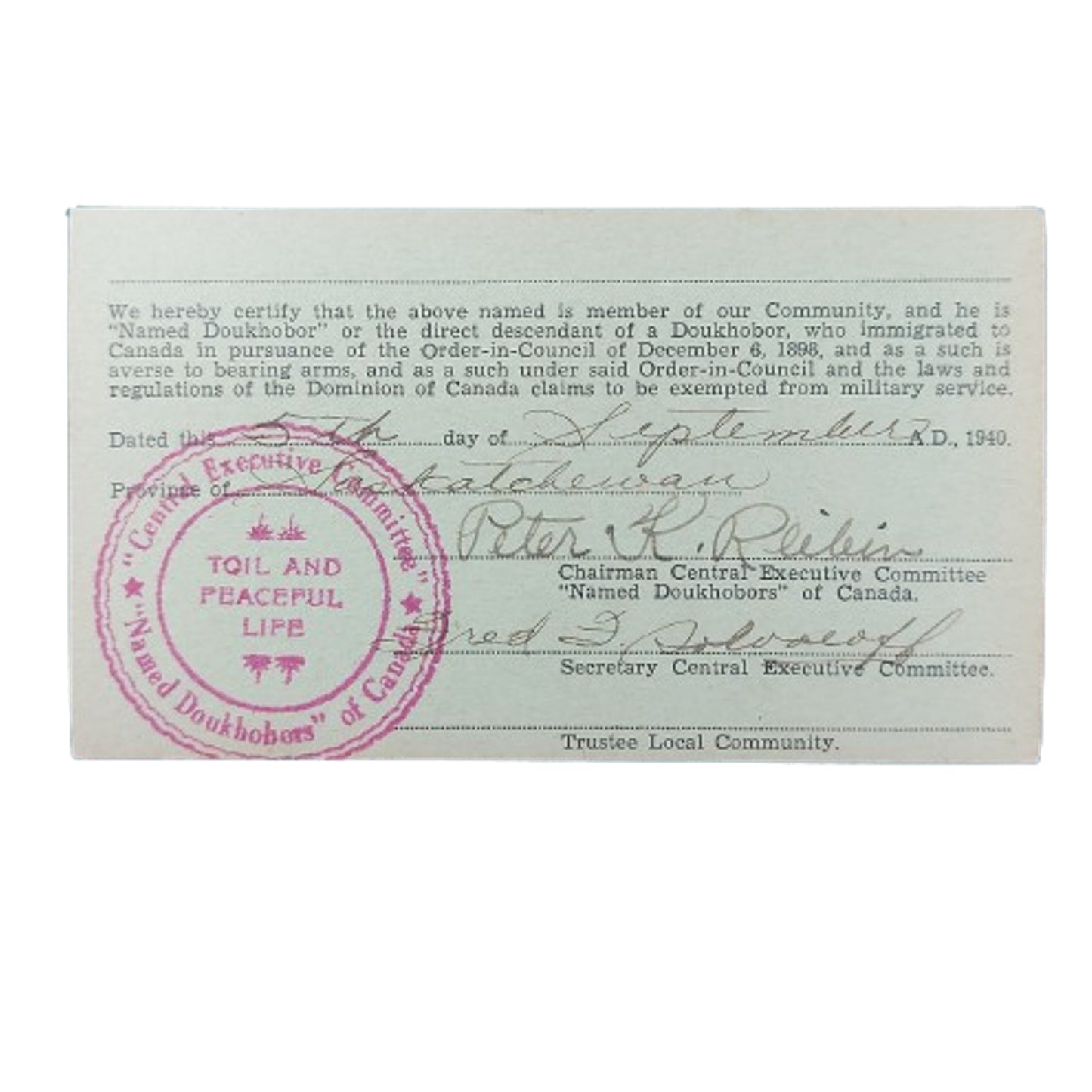 WW2 Doukhobor Of Canada Exemption From Service Card