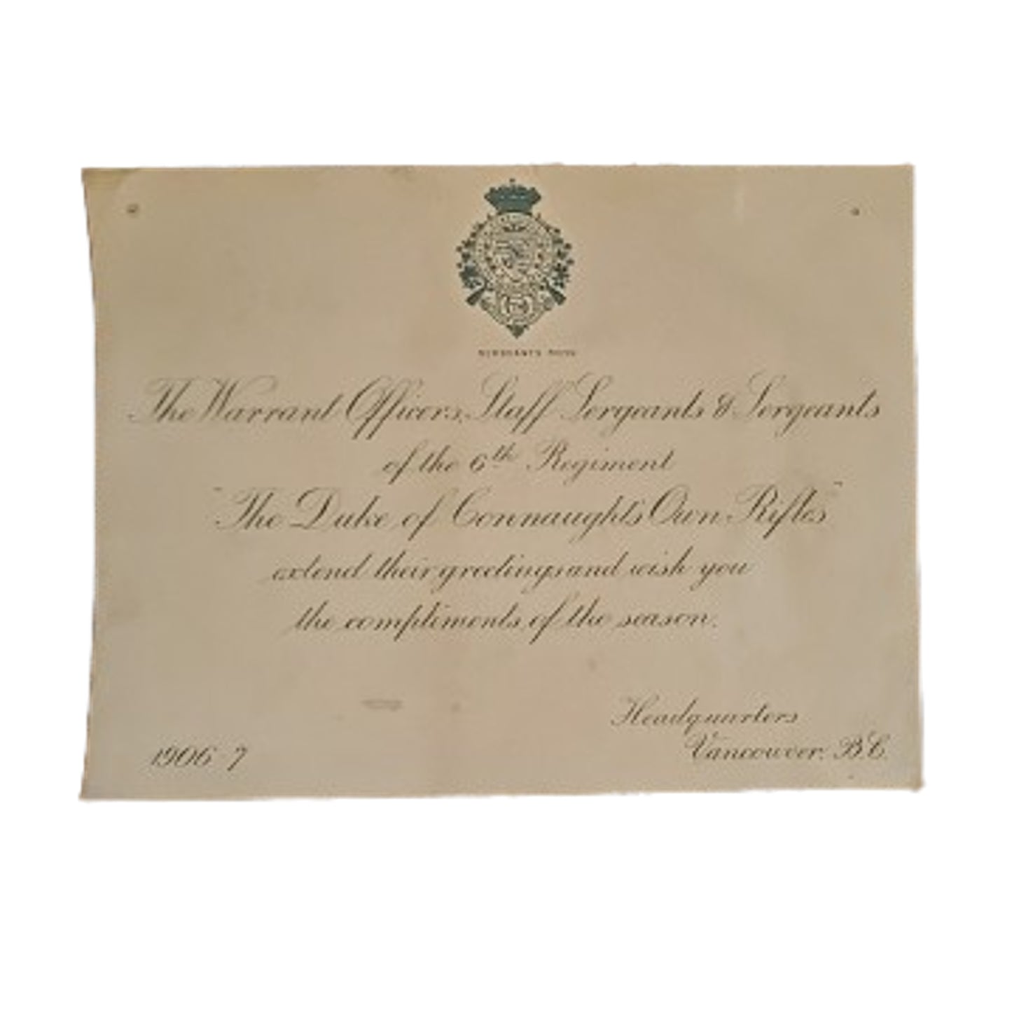 Pre-WW1 Canadian 6th Regiment Duke Of Connaught's Own Rifles Seasons Greetings Card 1906-1907