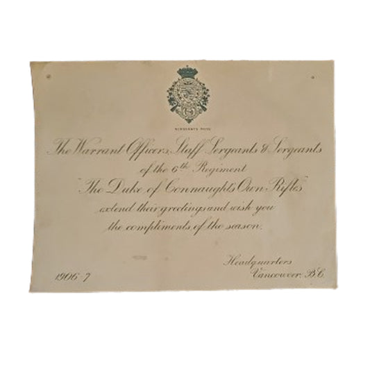 Pre-WW1 Canadian 6th Regiment Duke Of Connaught's Own Rifles Seasons Greetings Card 1906-1907