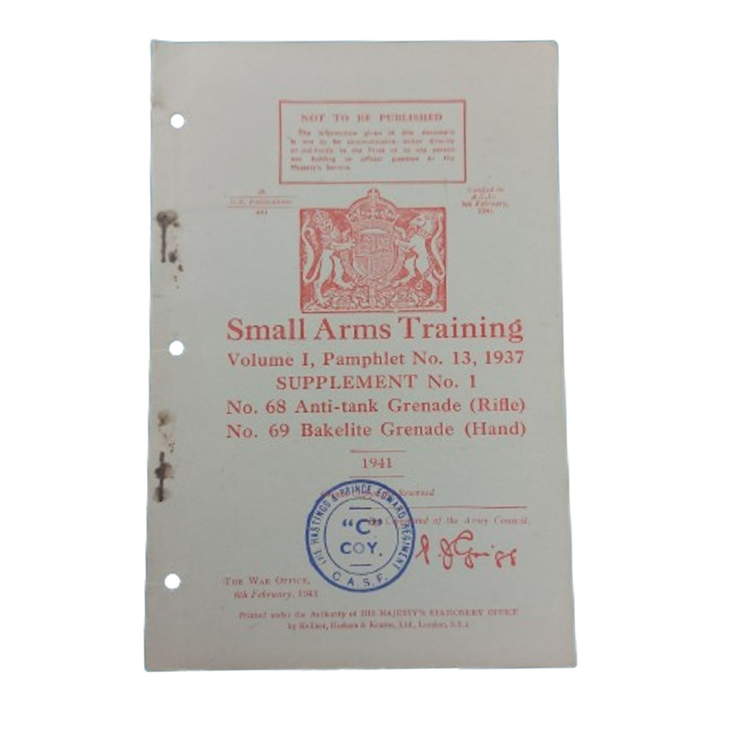 WW2 Canadian Small Arms Training Pamphlet - No.68 And no.69 Grenade - The Hastings & Prince Edward Regiment 1941