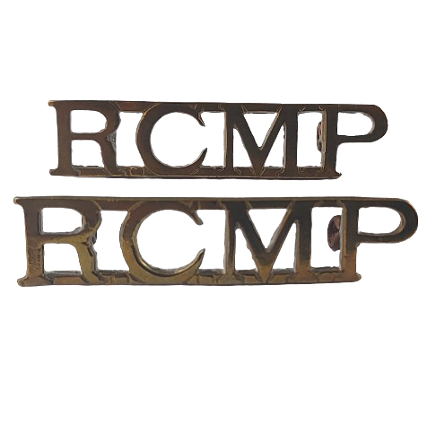 WW2 Era RCMP Royal Canadian Mounted Police Brass Shoulder Title Pair