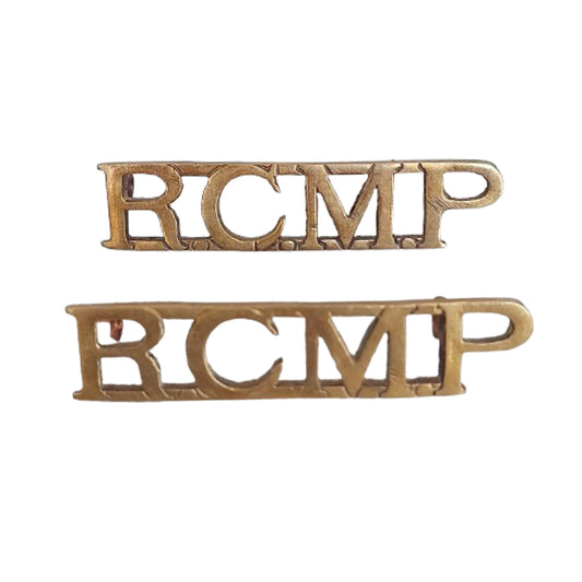 WW2 Canadian RCMP Royal Canadian Mounted Police Brass Shoulder Title Pair